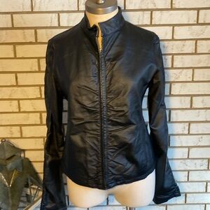 Weather Vane / Black leather jacket, zip front and sleeves. Size L